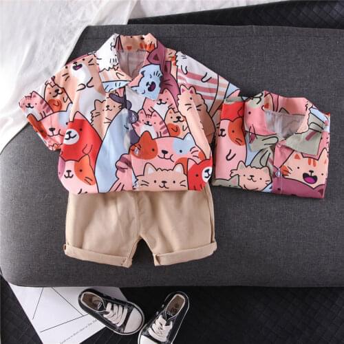 Summer Baby Girls Boys Clothing Kids Clothes Cats Lapel Printe Full Shirt Short Pants Children Fashion Casual Costume 0-5 YEARS