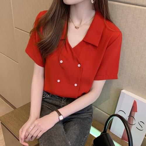Fashion Summer solid color Shirt Lady Tops Women Casual Short Sleeve chiffon shirt Blouse