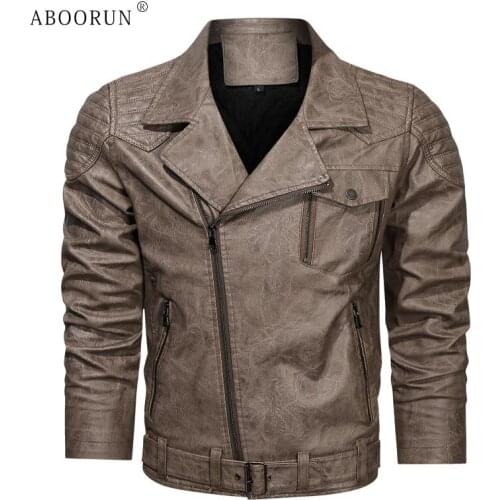 ABOORUN Mens Faux Leather Fleece Jacket Black Zippers Motorcycle PU Leather Coat Winter Casual Leather Coat for Male