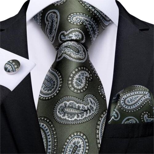 Men Tie Green Silver Paisley Wedding Tie For Men Hanky Cufflink Silk Men Tie Set Party Business Fashion DiBanGu Designer MJ-7251