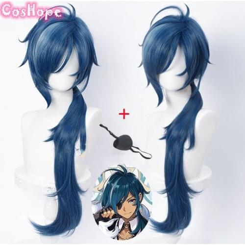 Genshin Impact Kaeya Cosplay Men 80cm Long Ink-Blue Wig Cosplay Anime Cosplay Wigs Heat Resistant Synthetic Wigs Halloween