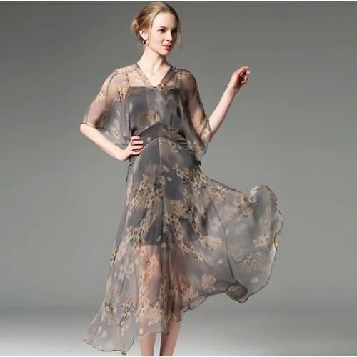 Dress Women 100% Silk Shell Simple Design V Neck Short Batwing Sleeve Grade Fabric Summer Party Dresses Clothing New Fashion