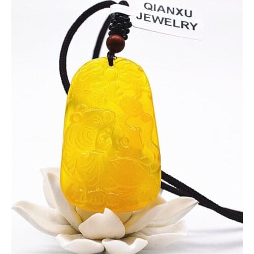 QIANXU Chalcedony Tiger Necklace Pendant Yellow Jade Tiger Necklace Pendant Jade Jewelry Fine