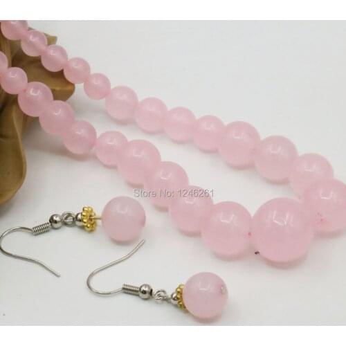 6-14mm Lucky Stone Pink Crystal Quartz Necklace Chain Earring Sets Round Beads Fashion Jewelry Party Gifts Accessories 15inch