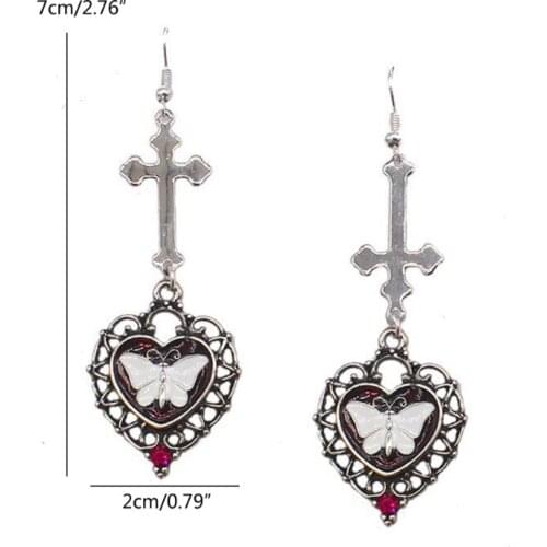 Gothic Victorian Cross Pendant Earrings Antique Silver Color Dripping White Butterfly Vintage Earring Gemstone Jewelry
