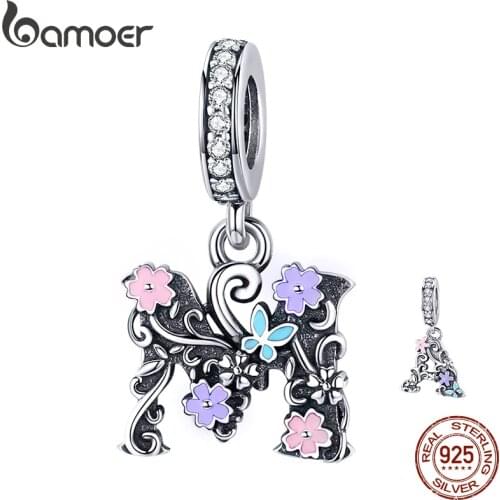Bamoer Letter A M Pendant Charm fit Original Silver Bracelet Vintage Enamel Flower Pattern 925 Sterling Silver Jewelry SCC1274