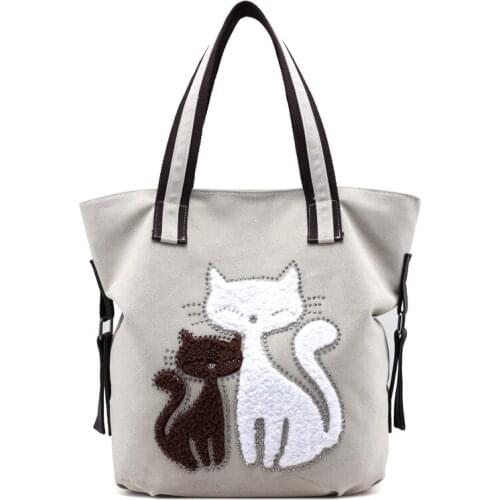 2020 New Canvas Bags Female Bags Fashion Simple Shoulder Bags Cute Cat Ladies Handbags Casual Wild Portable Big Bag Shopping Bag