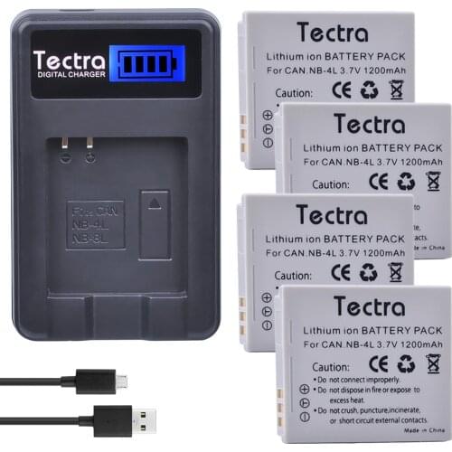 Tectra 4Pcs NB-4L NB4L Bateria + LCD USB Charger for Canon PowerShot SD40 SD30 SD200 SD300 SD400 SD450 SD600 SD1400 ELPH 300 HS