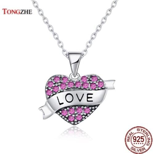 TONGZHE Valentine Day Gift 925 Sterling Silver Heart Pendant Necklaces Rosy Love Charm Necklace Mail Jewelry for Women Collars