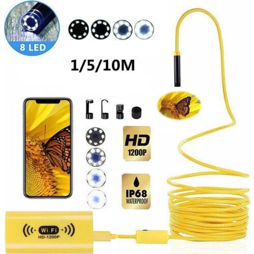 8mm Wifi HD 1200P Endoscope Camera USB IP68 Waterproof Borescope Semi Rigid Tube Wireless Video Inspection for Android/iOS