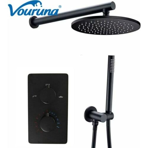 VOURUNA Matte Black Thermostatic Bathroom Shower Set Combination Wall/Ceiling Mounted Bath Shower Mixer Faucet Kit 8/10/12 inch