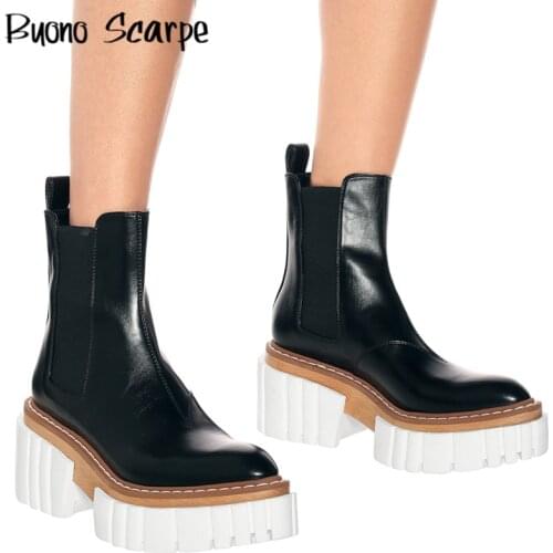 Genuine Leather Women Ankle Boots New 2021 High Heel Black Platform Shoes Thick Sole Slip On Woman Casual Chelsea Boots British