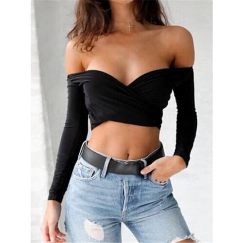 Women Sexy Deep V neck Tops T-shirt New Chest Cross Long Sleeve Lady Girls Crop Tops Summer Off-shoulder T-shirt Women Clothing