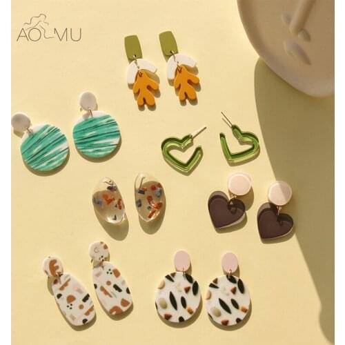 AOMU 2020 Summer Contrast Color Geometric Irregular Heart Floret Pattern Acrylic Splice Round Dangle Earrings For Women Jewelry