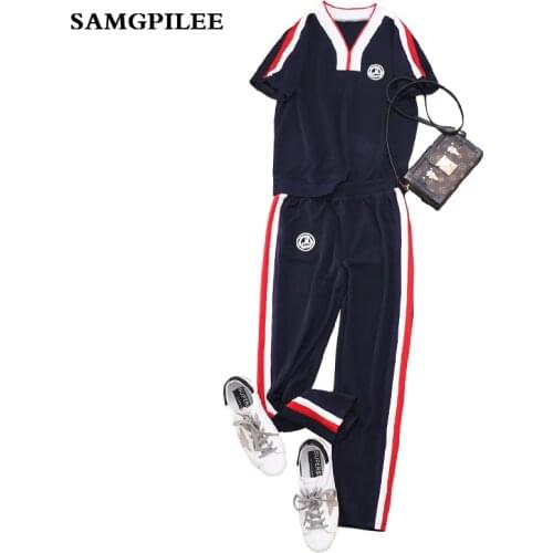 2020 Top Fashion New Summer Short Sleeve Casual Pullover V-neck Elastic Waist Striped Length Women Set L-4xl