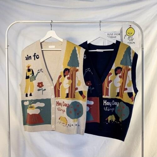 Korean Japanese Sweaters Vest Printing Loose Fit Jumpers Knitwear Sleeveless Women Sweater Casual Clothes Gilet