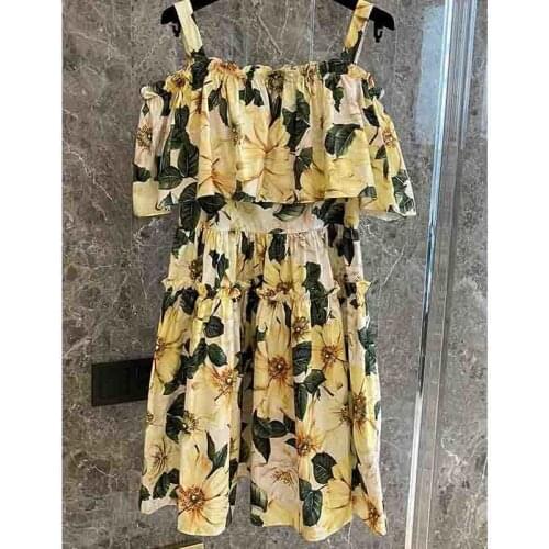 Short Women Spaghetti Strap Dress 2021 Spring Summer Ruffle Camellia Print High Waist Vintage Beach Swing Dresses