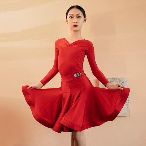 New Latin Dance Dress For Girls Red Long Sleeve Dance Skirts Performance Clothes Ballroom Latin Dance Competition Clothes DN7277