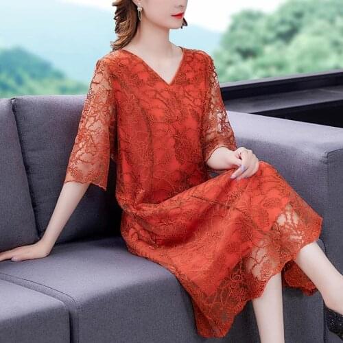 Summer 2021 Female Womens V Neck Red Orange Embroidery Middle Length Dress , 4xl 5xl A Line Casual Dresse for Women