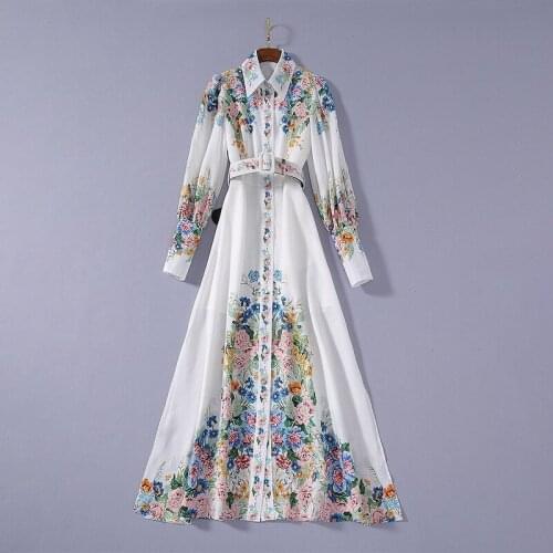 American European womens and dress 2021 summer new styles Long sleeve lantern sleeve flower print belt Fashionable slit dress