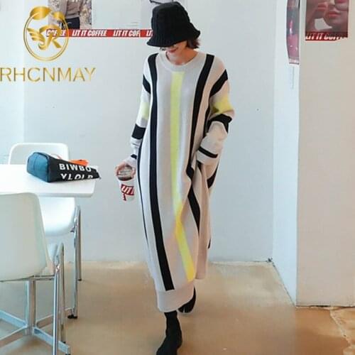 Ladies Long Sleeve Loose Dress Korea One-Piece Slim Lady Stripe Sweater Knitt Dresses Autumn Winter 2020 Women Dress Long Dress