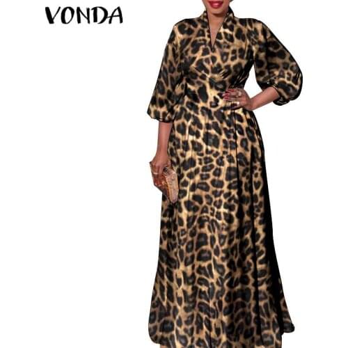 2021 VONDA Women Dress Spring Long Sleeve Party Maxi Long Dress Vintage Leopard Print Party Vestido Oversized Casual Robe Femme