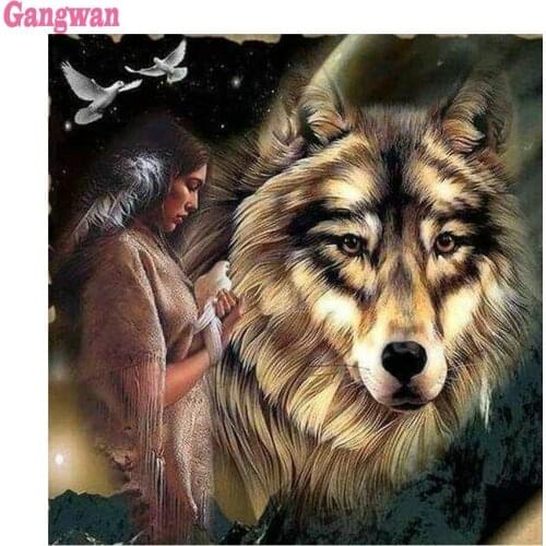 Diamond painting,Diamond Embroidery Native indians woman 5D,DIY,Cross Stitch,Diamond Mosaic,diy American Primitive Tribe wolf