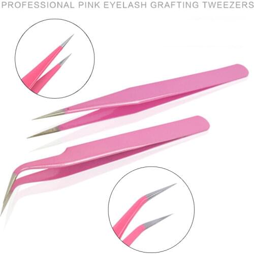 Anti-Static Pink Eyelash Extension Tweezers Stainless Steel Straight Bend Tweezer Beauty Precision Nail Art Nippers Repair Tools