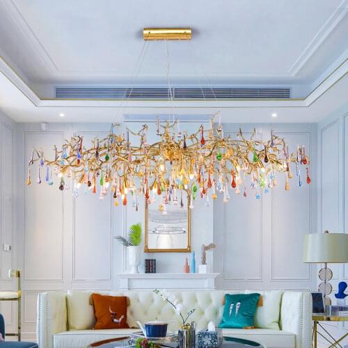 New light luxury French color water drop chandelier American villa creative post-modern all copper branch living room lamp