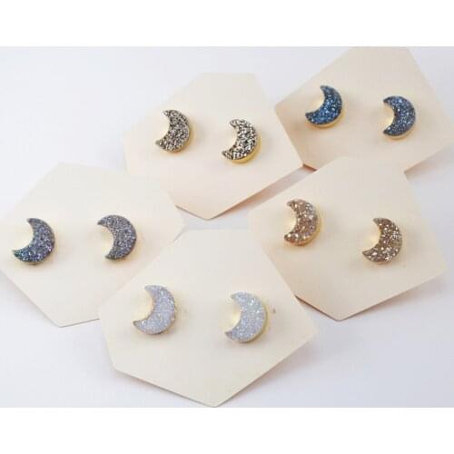 BOROSA 1Pair Crescent White Natural Agates Titanium Druzy Stud Earrings for Girls Trendy Gold Moon Drusy Earirngs Jewelry G1947