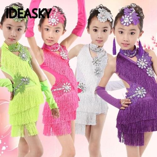Child kid children professional latin dance dress for girls ballroom dancing dresses for kids red sequin fringe salsa tassel