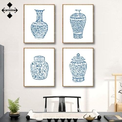 Chinoiserie Vases Art Canvas Painting Blue and White Porcelain Canvas Poster Print Wall Pictures for Living Room Home Decoration