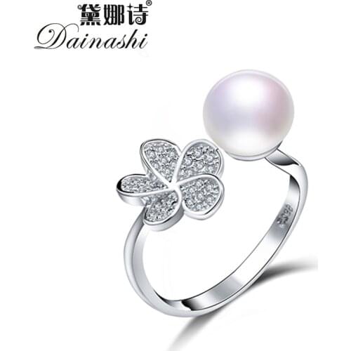 Dainashi Hot Sale 100% Genuine Freshwater Cultured Pearl Ring Fashion 925 Sterling Silver Flower Zircon Crystal Adjustable Ring
