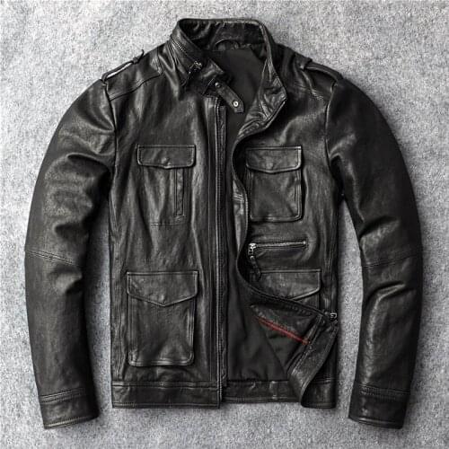 2021 New Leather Jacket Mens Genuine Leather Slim Sheepskin Motorcycle Leather Jacket Multi-Pocket Tooling Jacket