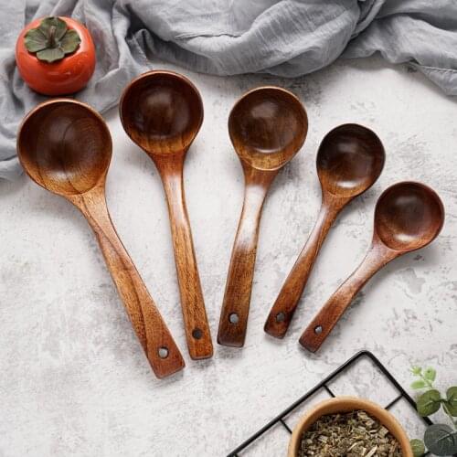 Natural Wood Deepen Round Soup Spoons Ladle Turner Long Rice Colander Stirring Cooking Scoop Tableware Family Kitchen Utensil