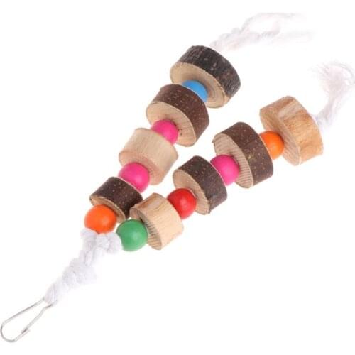 Natural Wooden Birds Parrot Colorful Toys Chew Bite Hanging Cage Balls Two Ropes