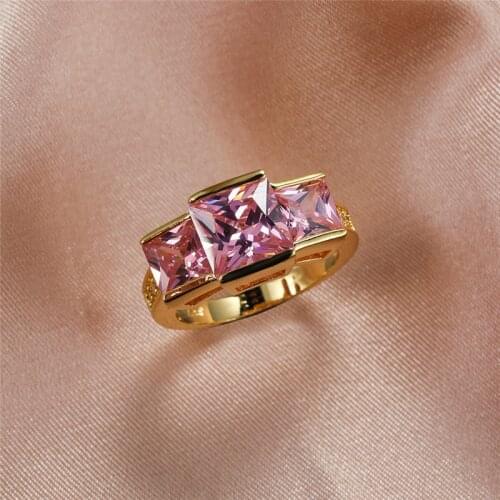 Charm Female Pink Crystal Stone Ring Dainty Jewelry Gold Color Wedding Big Rings For Women Vintage Bride Square Engagement Ring