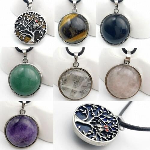 Natural Stone Necklaces & Pendants Ancient Silver-color Hollow Tree of Life Round Flat Beads Pendant Women Men Jewelry