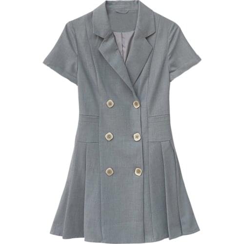 PERHAPS U Women Short Sleeve Dress Empire Pleated Mini Dress Summer Double Breasted Notch Collar Red Black Gray Khaki D1760