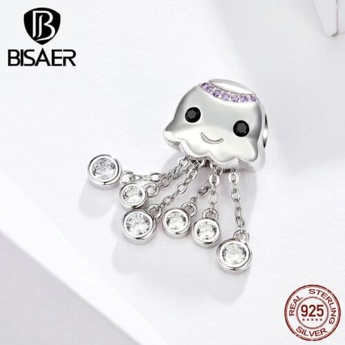 BISAER Octopus Charms 925 Sterling Silver Hyperbole Ocean Octopus Pendant Beads fit Beads Bracelets Silver Jewelry EFC081