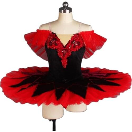 Girls and Women Off-Shoulder Professional Ballet Dance Tutu Costume Stretch Velvet Bodice with Red Pancake Tutu Skirt BLL076