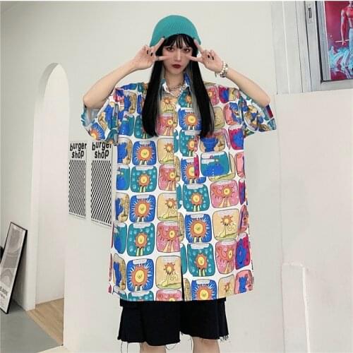 Loose Fit Harajuku Short Sleeve Shirt for Japanese 2021 Women Clothing Grils Cartoon Print Button Up Blouses Oversize Streetwear