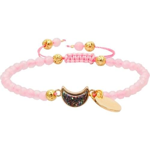 SUNYIK 4mm Faceted Stone Beads Bracelet,Moon Titanium Coated Quartz Druzy Crystal,Adjustable Wristband 6"-7.8"