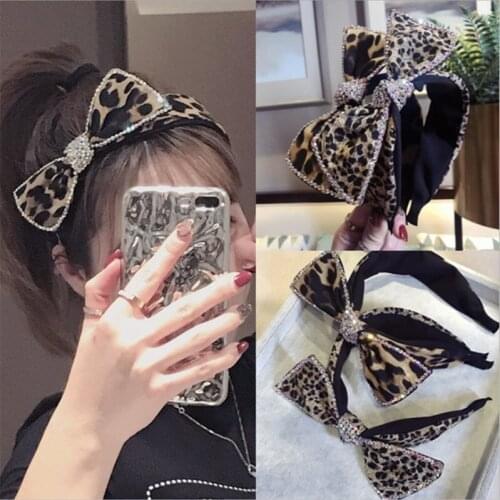 High-end luxury hair accessories Womens leopard rhinestones super flashing bow wide-brimmed headband headband diamond head band