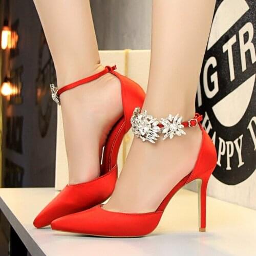 2019 fine with high heel satin hollow shallow mouth pointed rhinestone word with sandals female wedding shoes high heels