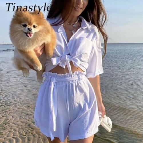 Tinastyle White Two Piece Set Women Outfits Short Sleeve Buttons Blouse And Elastic Waist Wide Leg Shorts Black Casual Suits