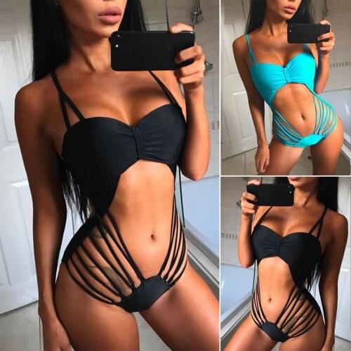 Womans Sexy Hollowed-out One-piece Swimsuit Solid Color Lace-up Pleated Backless Elastic Slim Sling Bikini