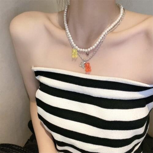 VSnow Creative Candy Colors Cartoon Little Bear Pendant Necklace for Women Imitation Pearl Beaded Chunky Chain Necklace Jewelry