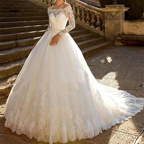 Womens Princess Lace Off Shoulder Wedding Dress for Bride 2020 Long Sleeves Ball Gown Bridal Dresses