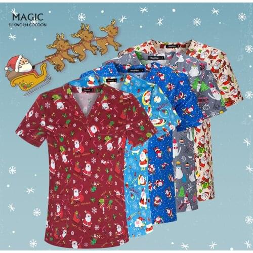 100%cotton Scrubs Overalls Christmas Print Dental Clinic Uniforms Unisex Pet Nurse Doctor Tops Pharmacy Nursing Medical Uniforms